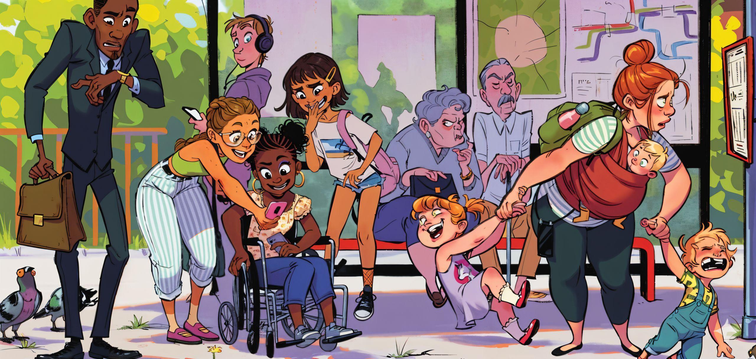 Animated characters at a bus stop